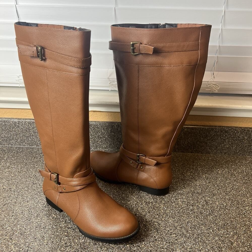 Comfortview Knee High Womens 8W Riding Boots Brown Leather Comfort Casual Zip Up